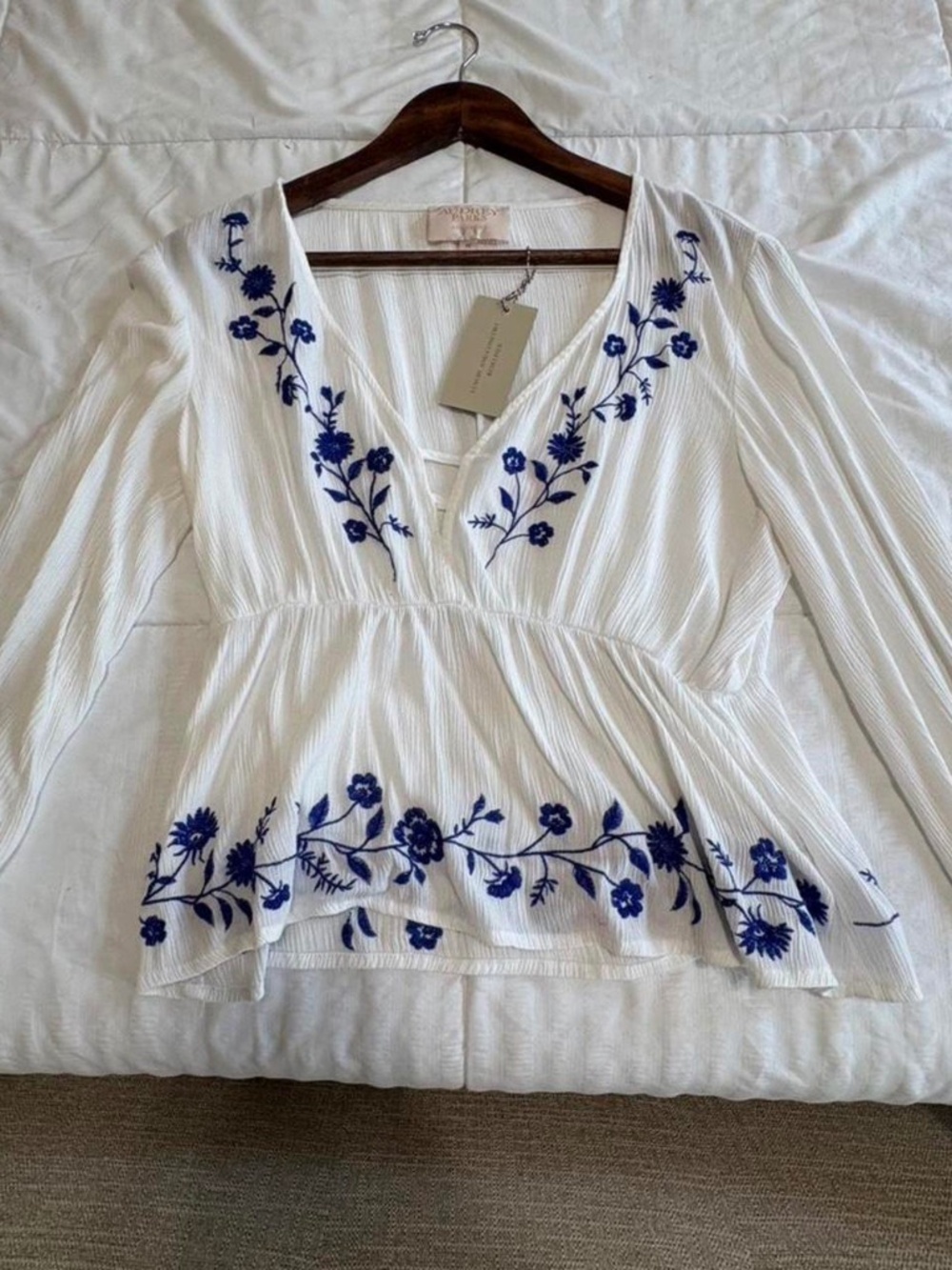 White Blouse With Blue Embroidered Flowers